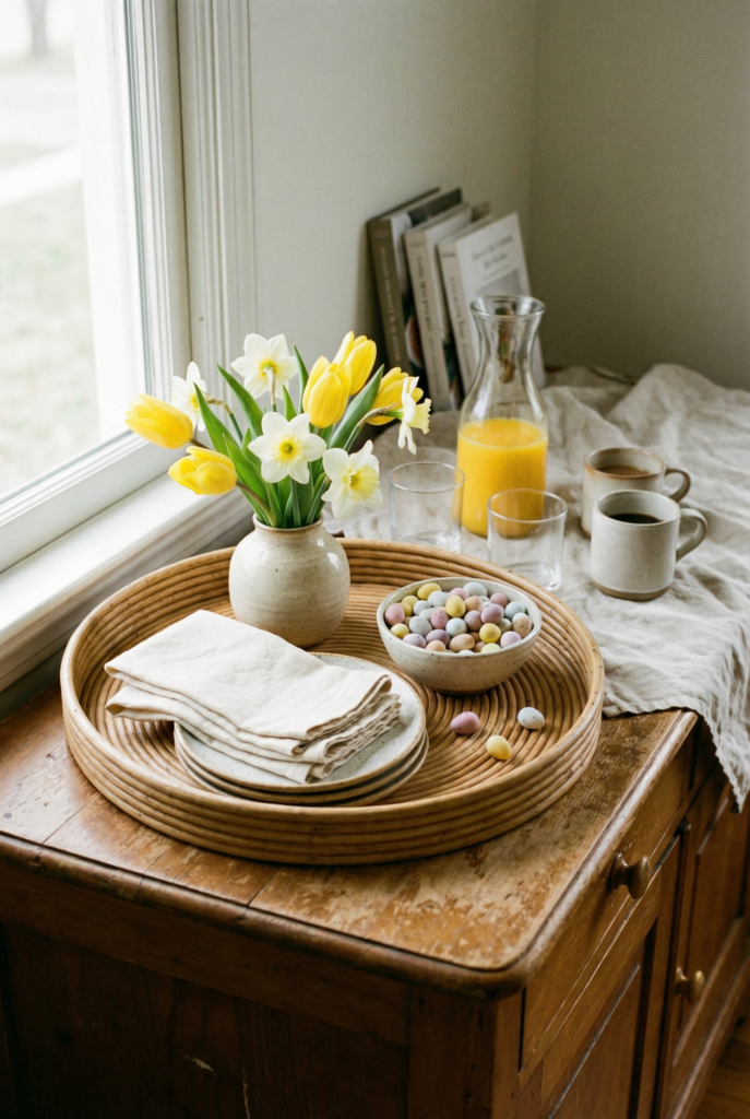 Breakfast tray with spring flowers, pastel candy eggs, coffee, and orange juice, easy easter brunch ideas at home