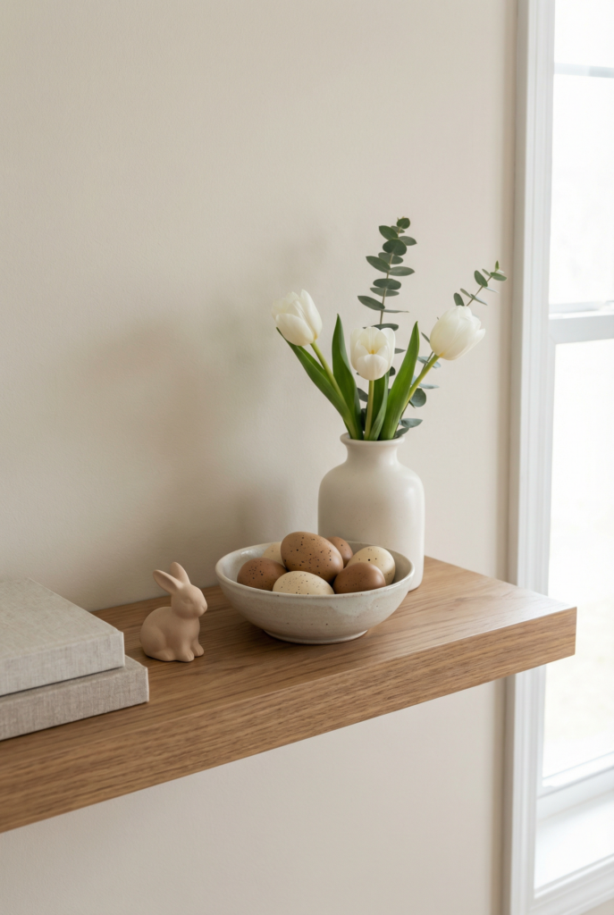 Minimal shelf styling with tulips, a bowl of speckled eggs, and a small bunny, calm festive spring decor for small spaces