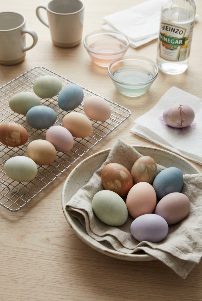 Pastel dyed eggs drying on a rack with vinegar dye bowls, dyed easter eggs setup for easter egg decorating
