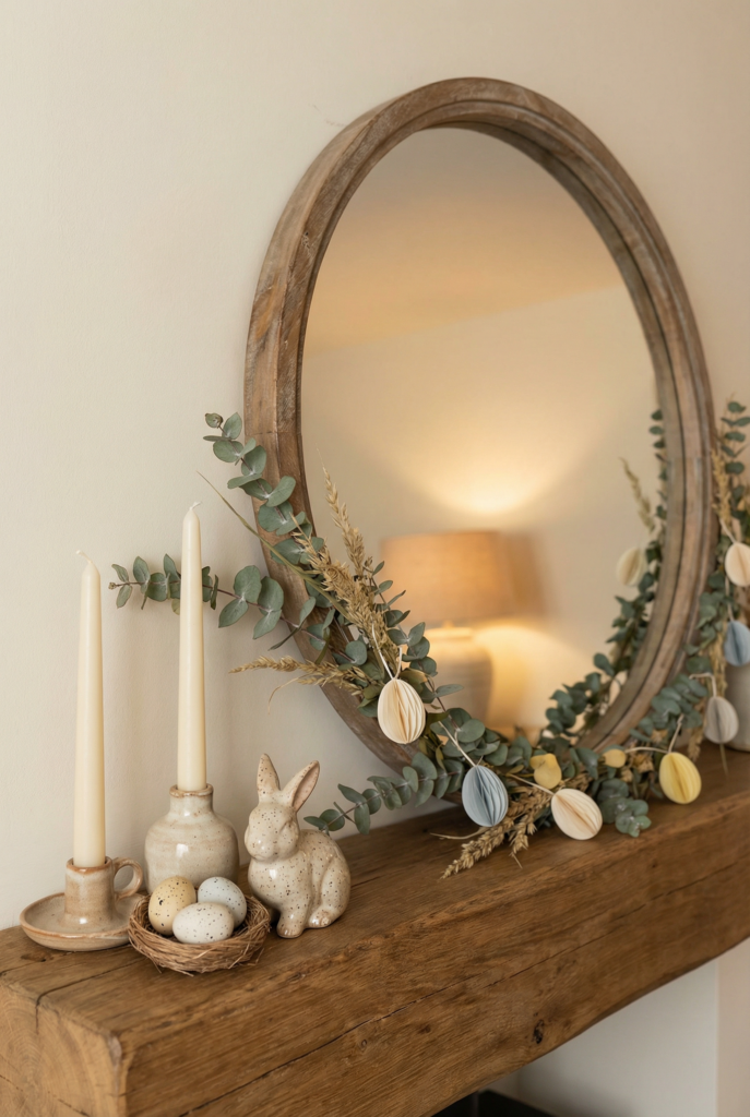 Styled easter mantel decor with mirror, eucalyptus garland, paper eggs, and tapers, do it yourself easter decorations with cozy neutrals