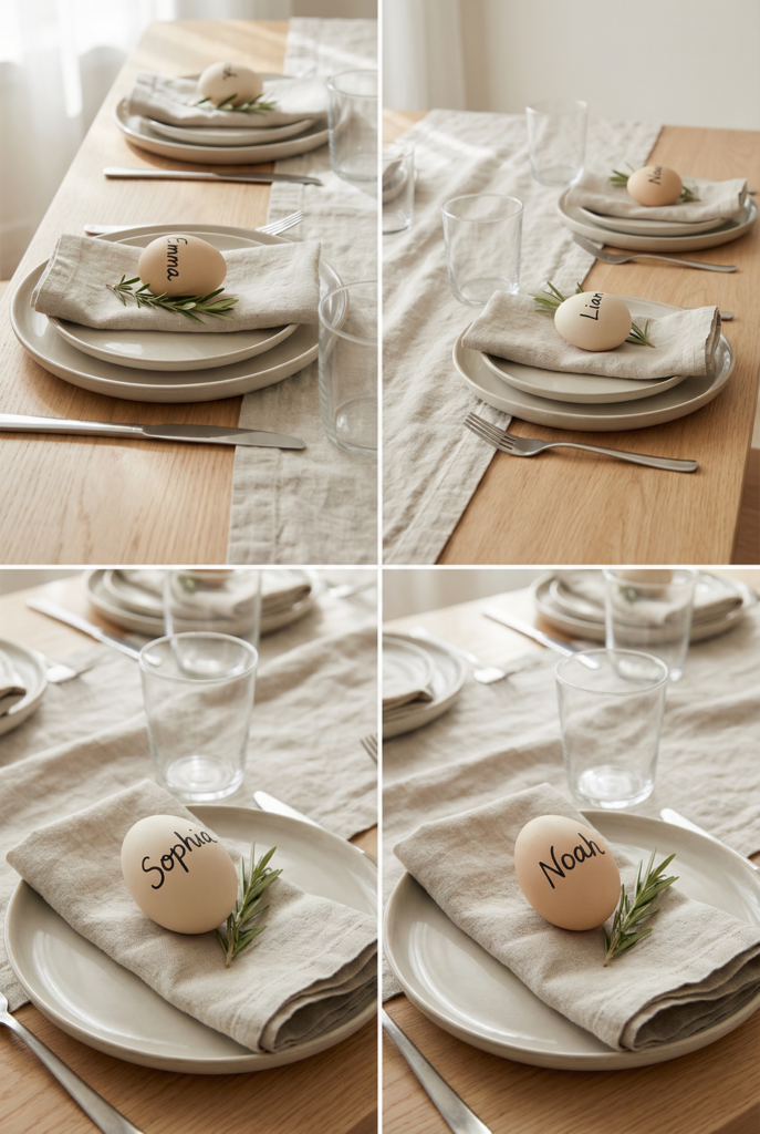 Egg place cards with names on linen napkins and sprigs of rosemary, simple easter table settings idea