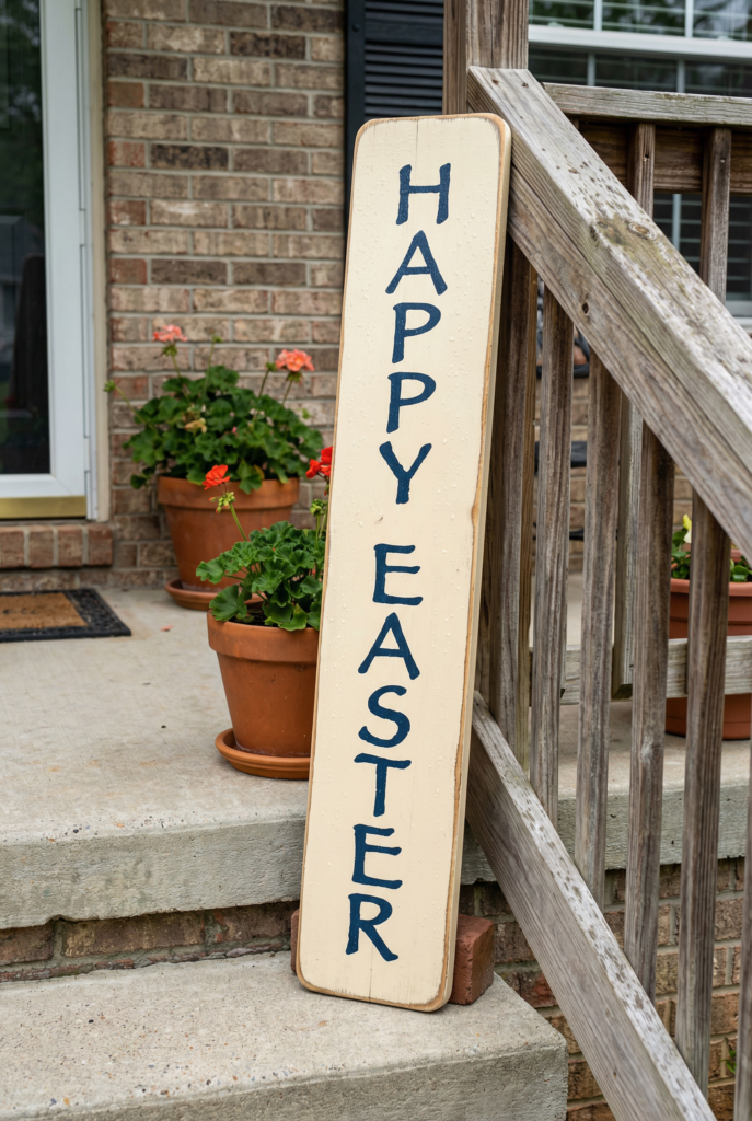 Rain-safe painted wood happy easter sign used as durable easter outdoor decorations on porch steps.