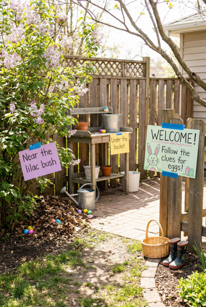 Backyard egg hunt setup with clue signs and scattered eggs near lilac bushes, fun easter egg hunt decorations for family easter activities