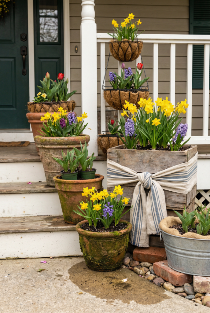 Eco-friendly easter outdoor decorations using potted spring flowers, fabric bows, and reusable pastel eggs on porch steps.