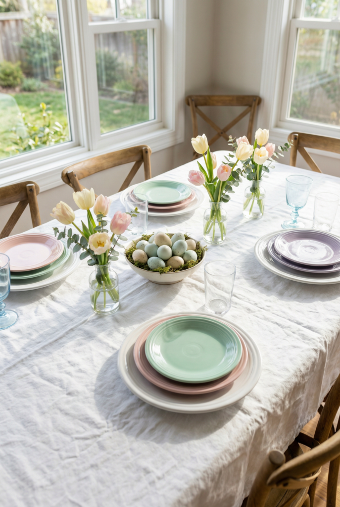 easter table decor soft pastels