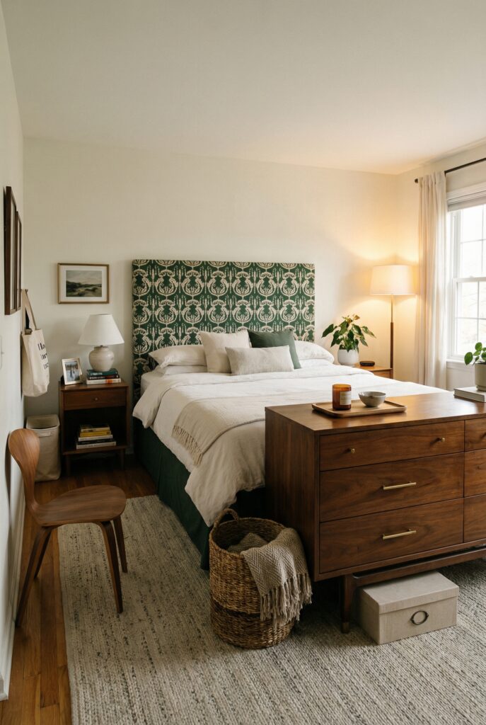 Eclectic bedroom featuring statement furniture, mixed eras, layered rugs, and warm lighting that highlights individuality in decor.