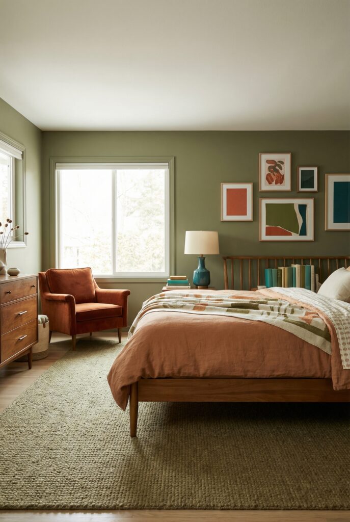 Eclectic bedroom with intentional color logic, warm green walls, rust accents, and layered textiles creating a cohesive and welcoming bedroom design.