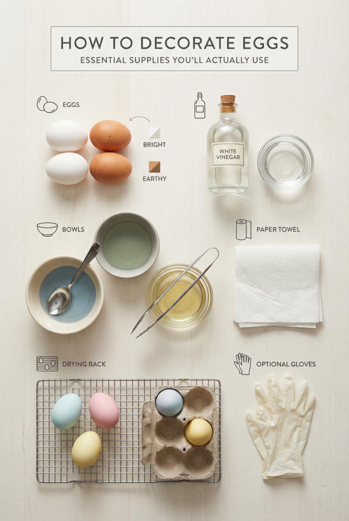 Essential supplies for how to decorate Easter eggs, including eggs, vinegar, dye bowls, paper towels, and a drying rack.