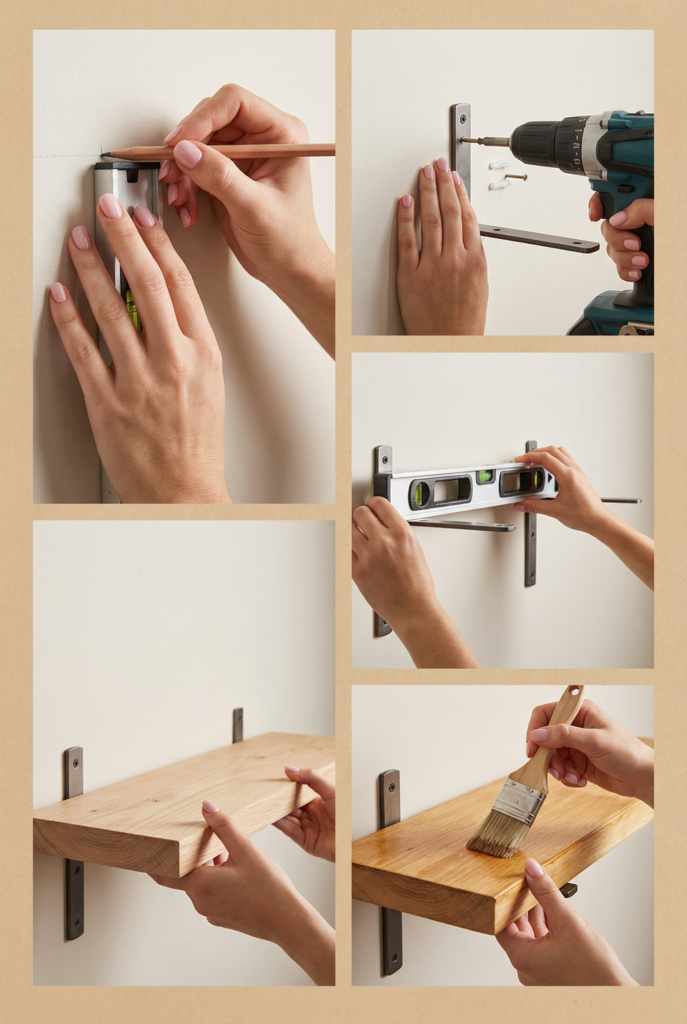 DIY farmhouse floating shelves with stained wood and hidden brackets, styled for simple farmhouse decor and everyday storage.