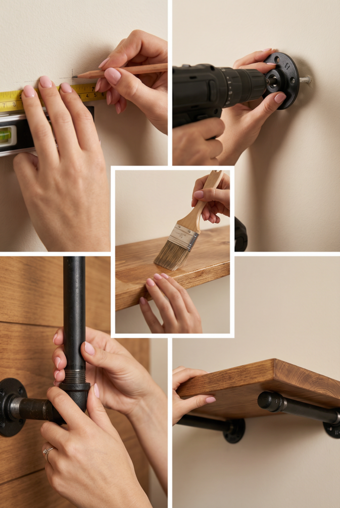 Installing black metal pipe shelving with natural wood boards for an industrial farmhouse wall storage solution in a living room.