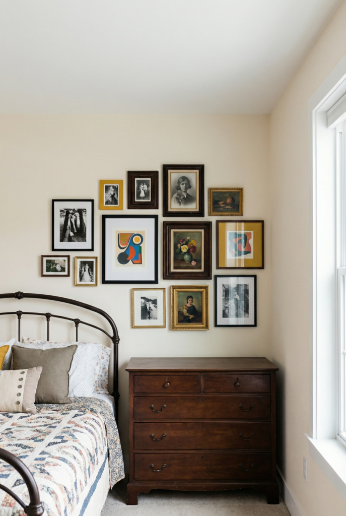Eclectic bedroom ideas featuring a curated gallery wall above a wooden dresser, mixing art styles while keeping a cohesive and welcoming bedroom.