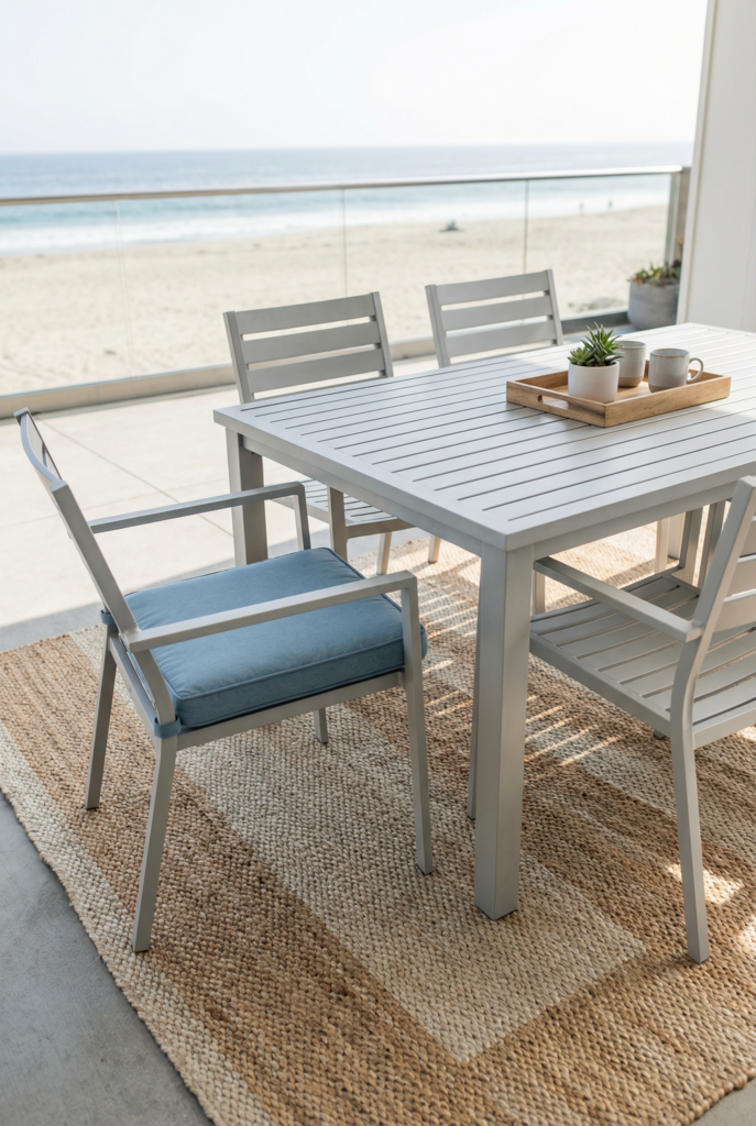Aluminum patio furniture dining set styled on a budget with an outdoor rug, cushions, and simple garden decor.