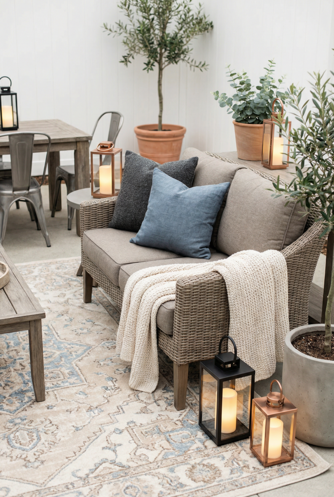 Anchor-and-layers budget patio styling with garden furniture and decor—seating, rug, pillows, lanterns, and planters.