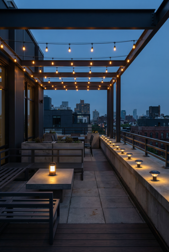 Glow Rule lighting layers on a budget—overhead string lights, table lantern, and low path lights to upgrade outdoor decor.