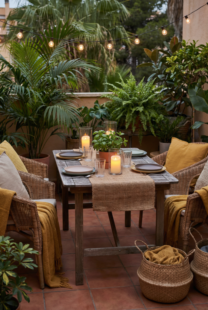 Budget outdoor dining setup with elevated, durable tableware—melamine plates, acrylic glasses, runner, and lantern lighting.