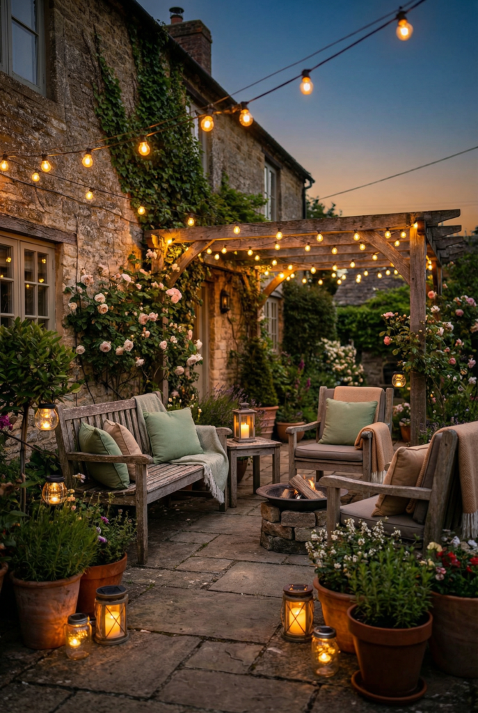 Budget outdoor lighting for a cozy patio—string lights, lanterns, and low accent lights that make garden furniture and decor feel expensive.