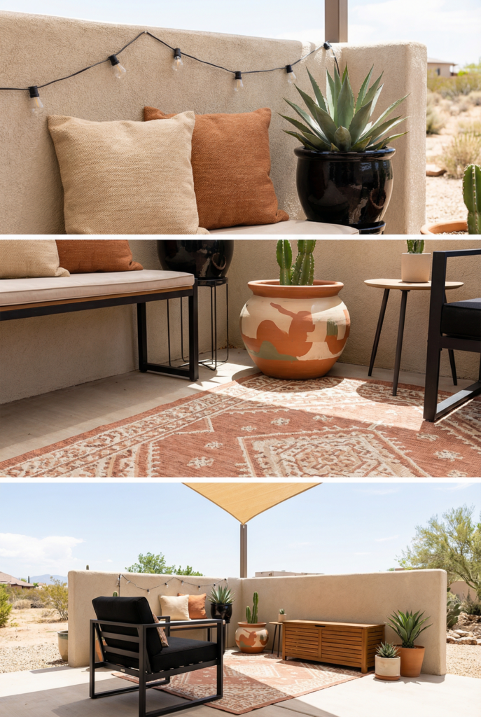 Budget patio refresh examples at three levels—simple lighting and pillows, then rug and planters, then one anchor furniture upgrade with shade.
