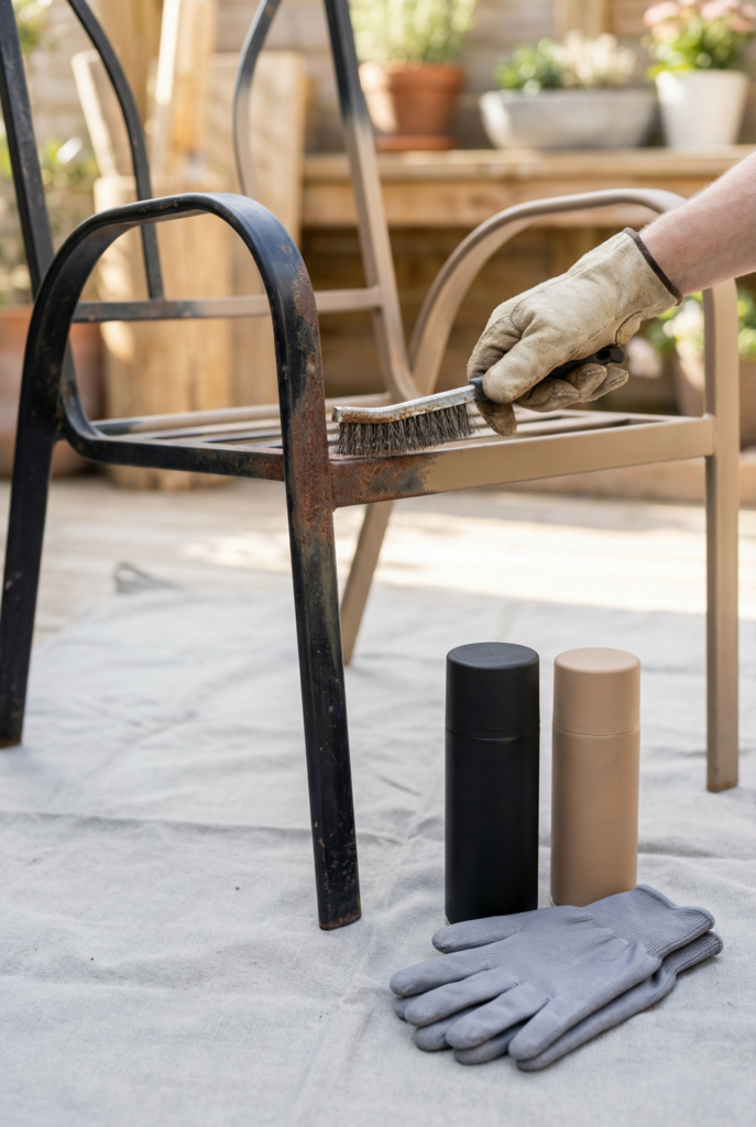 Budget metal patio furniture makeover—wire brushing rust and repainting a second-hand outdoor chair for fresh garden decor.