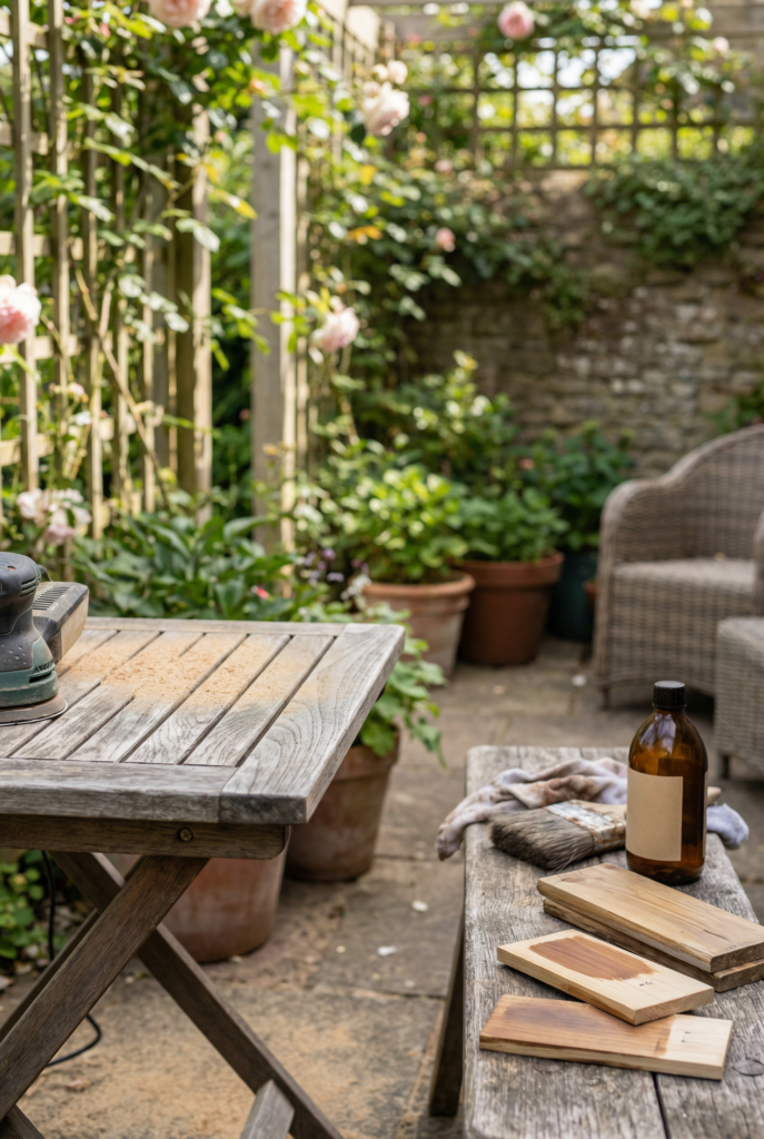 Refinishing budget wood patio furniture—sanding and staining a second-hand garden table to look new again.