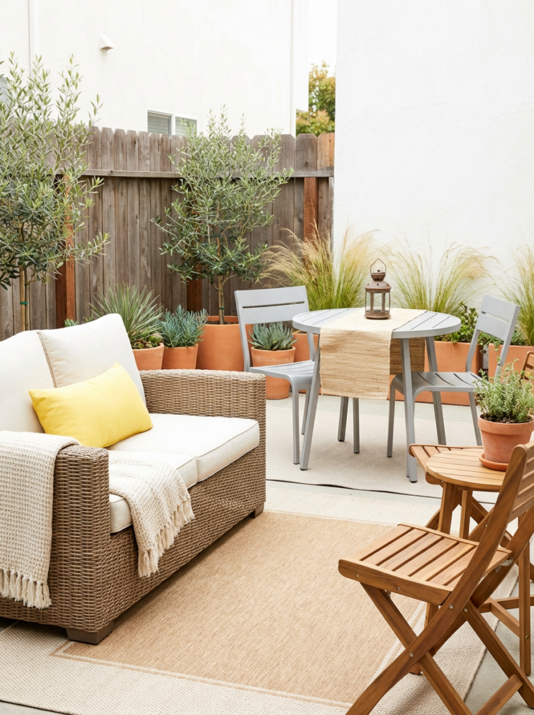 Budget-friendly patio setup with a wicker loveseat, neutral outdoor rug, small bistro table, and wood folding chairs styled in modern coastal tones with a lemon-yellow accent pillow.