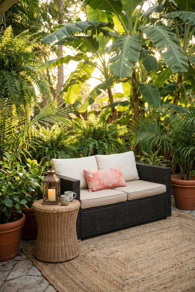Cozy budget wicker patio furniture setup with layered cushions, small table, lantern, and lush outdoor greenery.
