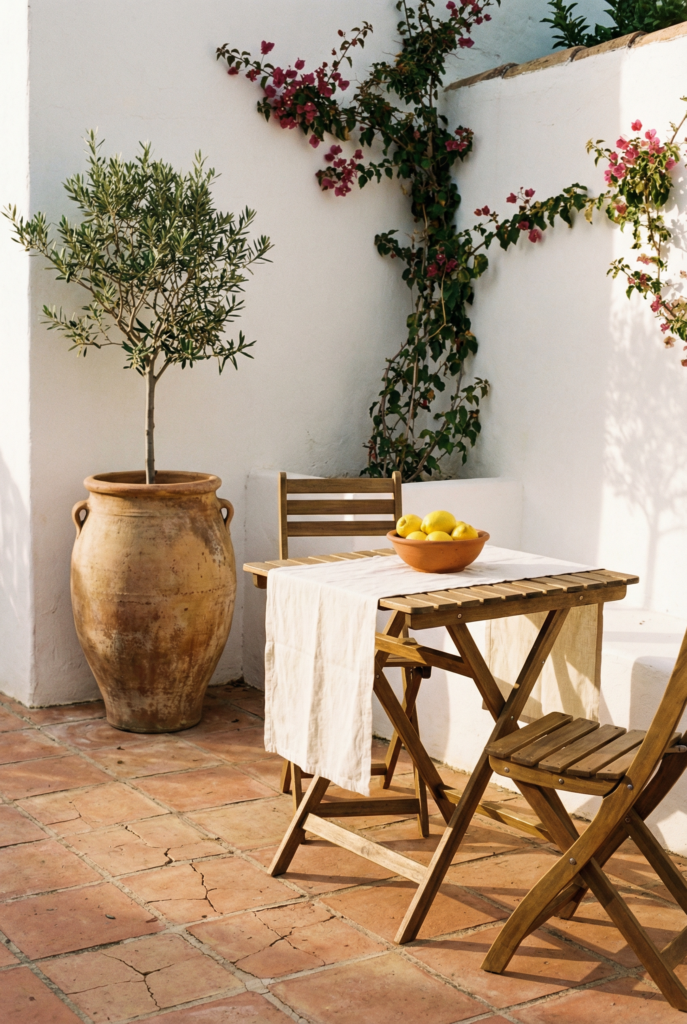 Budget wood patio furniture set styled with a simple runner and oversized planter for warm outdoor decor.