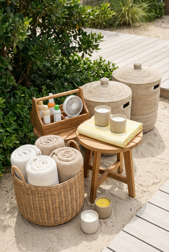 Outdoor party comfort station with rolled blankets in woven baskets, citronella candles, a small fan, and a caddy for sunscreen and bug spray in sandy neutral tones.