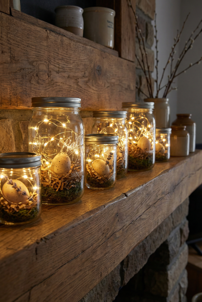 Mason jar lights with eggs, moss, and fairy lights lined on a mantel, handmade easter decor for festive spring decor