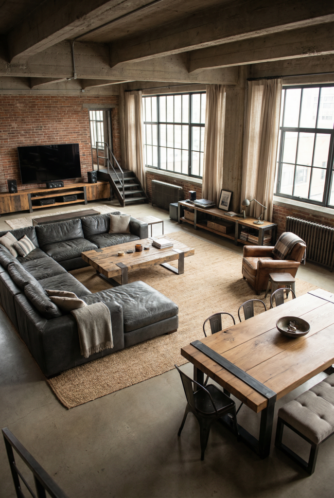 oversized industrial furniture including sectional sofa and chunky wood table in loft apartment styling