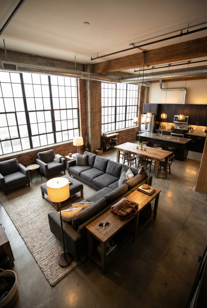 open floor plan loft layout showing functional zones with large rug, sectional sofa, and dining area