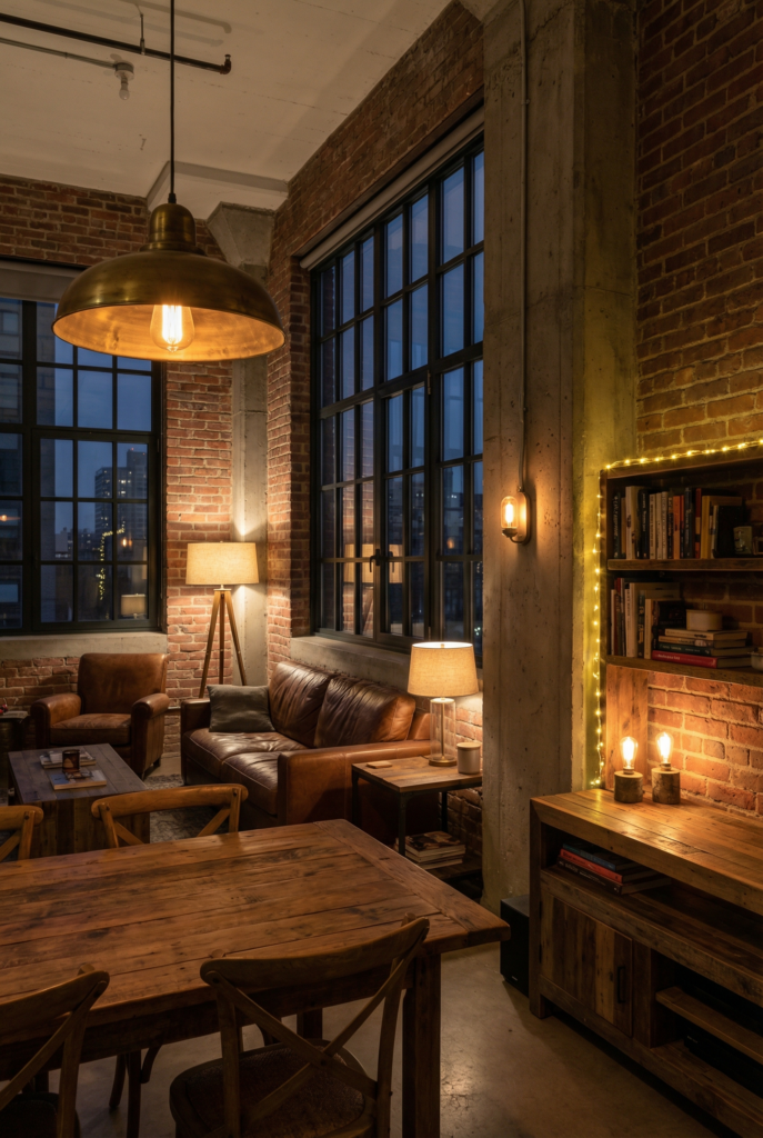 lighting solutions loft with pendant lights, floor lamps, and warm bulbs in a modern industrial aesthetic