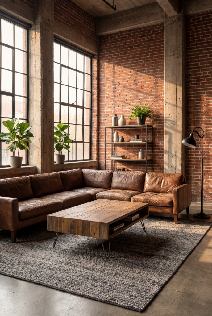 Industrial living room decor theme with exposed brick walls, a brown leather sofa, wood coffee table, and metal accents.