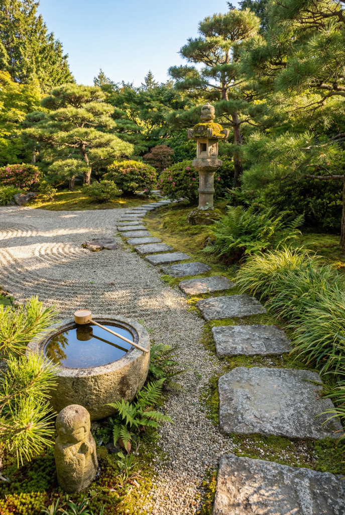 Japanese garden decor with natural stone stepping path