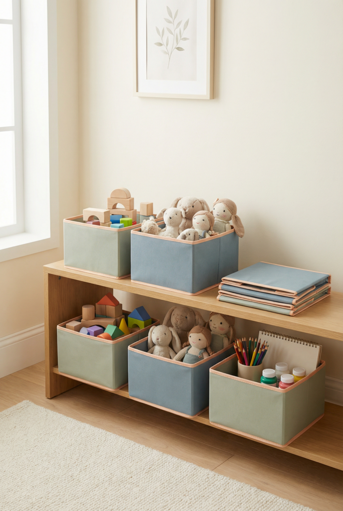 Foldable playroom storage bins shown open and folded flat