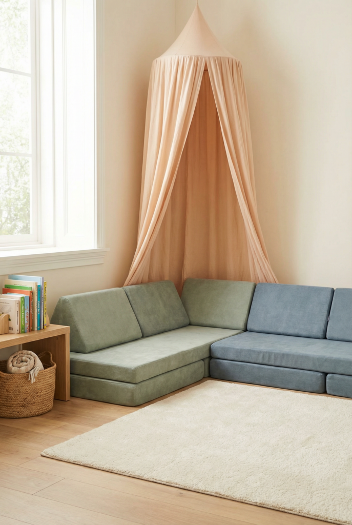 Modular seating play couch in a calm, organized kids playroom