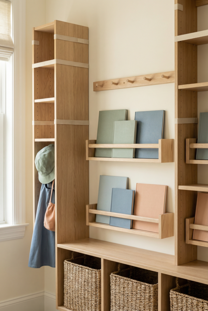 Vertical shelving and book ledges for tidy kids playroom furniture