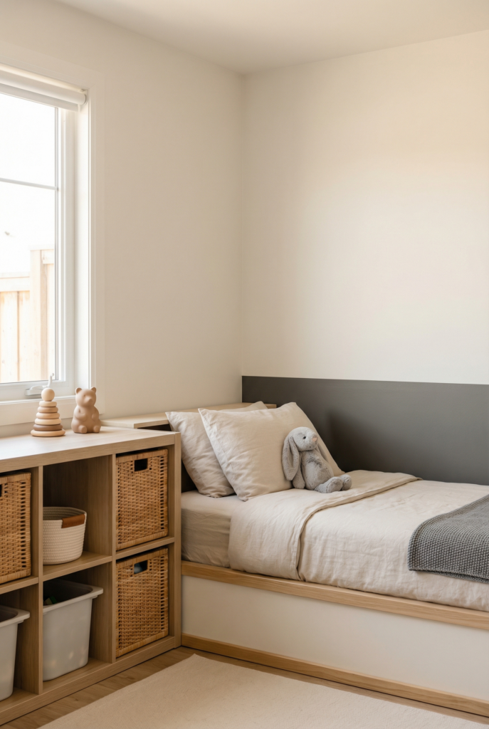 Walls, bed, and storage working together for functional kids room decor ideas