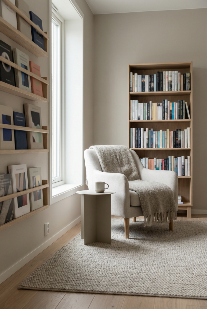 Front-facing book ledges and a bookcase setup for kids room decor ideas reading zone