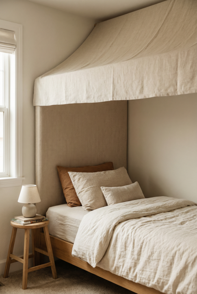 Simple canopy and pillow layering as cozy kids room decor ideas upgrades