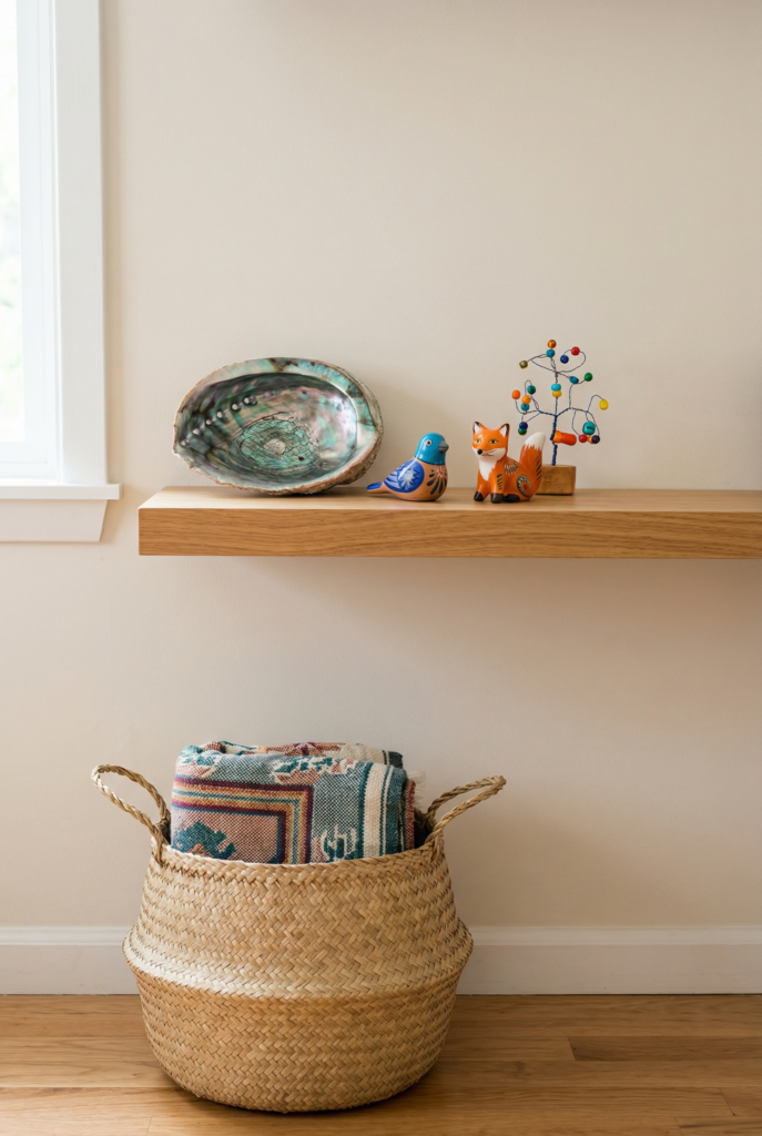 Shelf display plus a basket stash system for kids room decor ideas organization