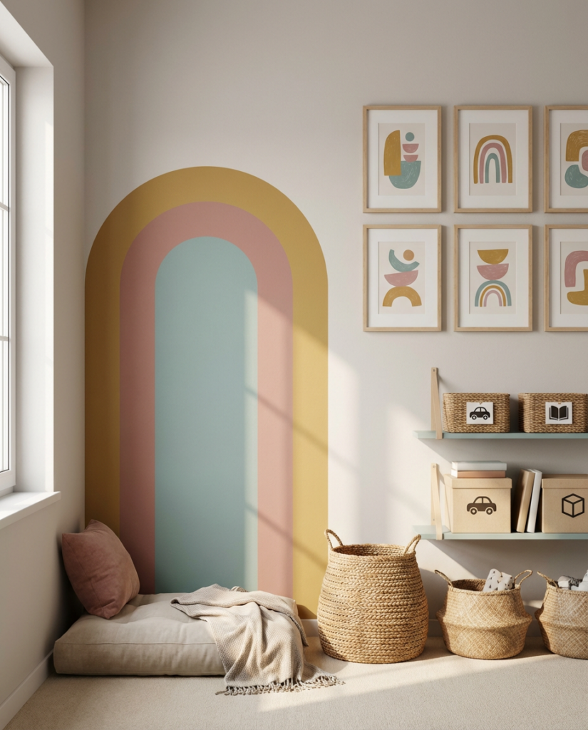 DIY decor projects like a painted arch, framed kid art, and cute storage labels (kids room decor ideas)