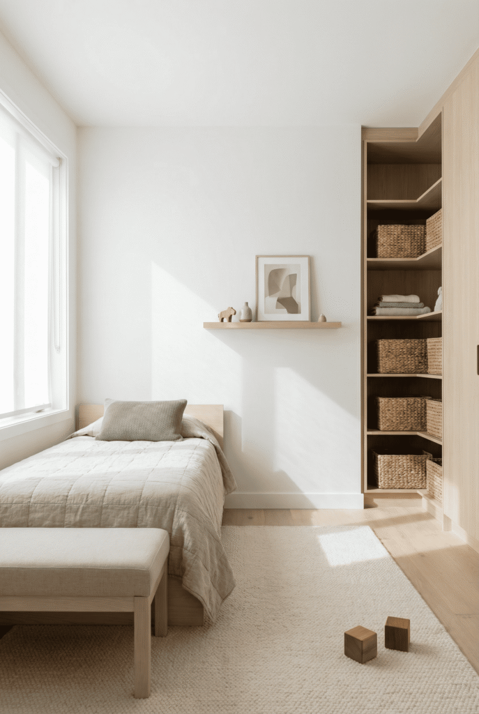 Scandinavian-inspired kids bedroom styled to be cute and practical (kids room decor ideas)