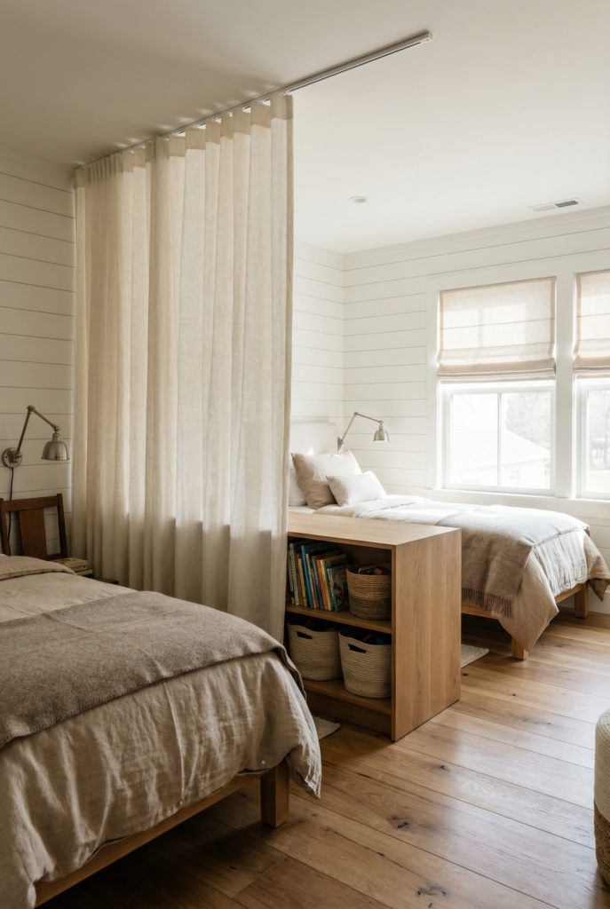 Privacy ideas for shared bedrooms: curtain divider, low bookcase, and separate reading lights (kids room decor ideas)