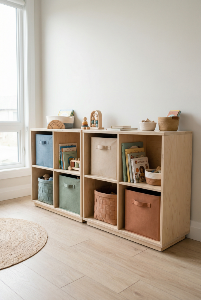 Separate bin sets for each child to simplify shared kids room decor ideas organization