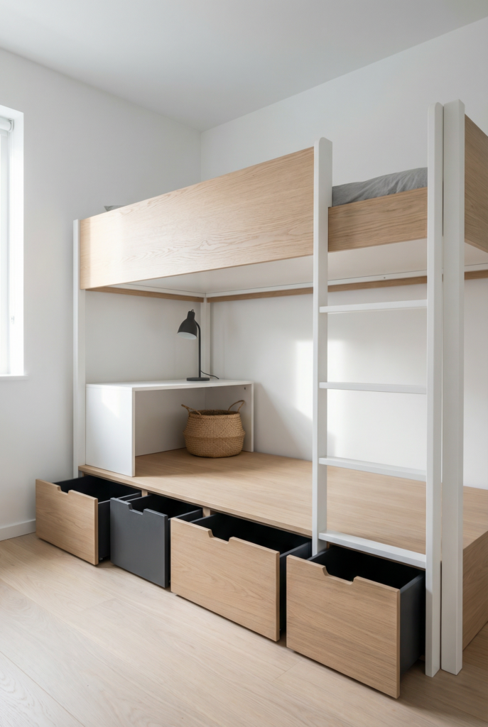Loft bed and underbed storage for small-space kids room decor ideas