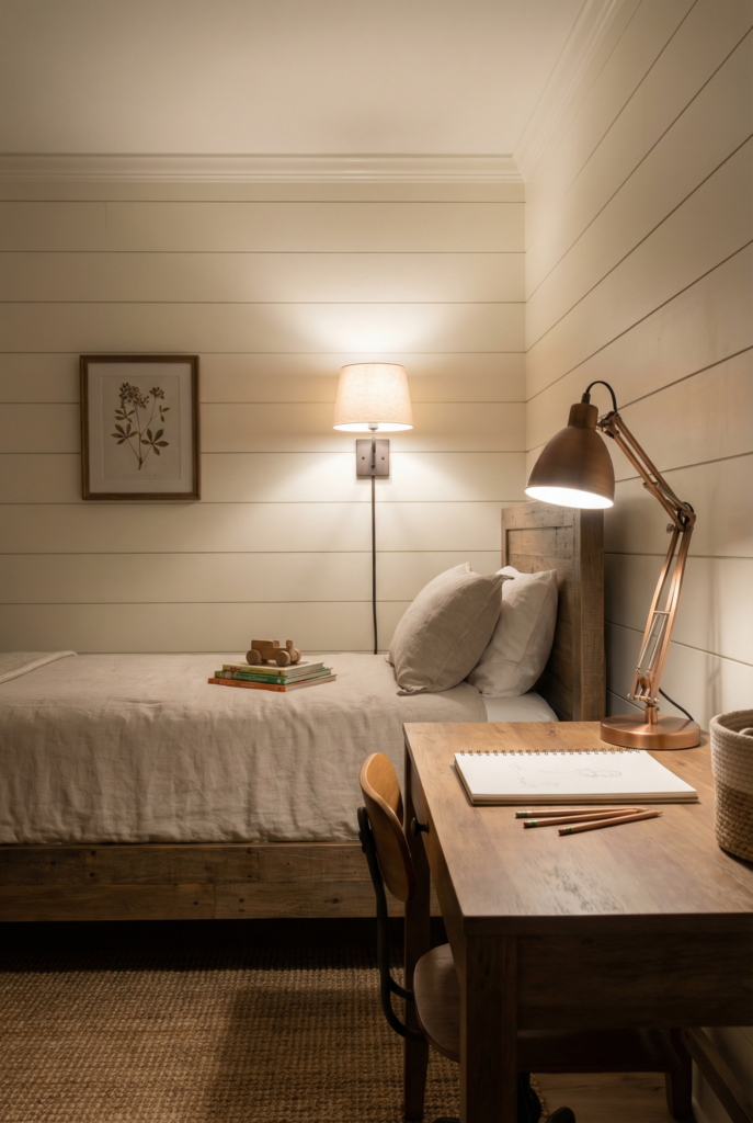 Task and ambient lighting layered for cozy kids room decor ideas
