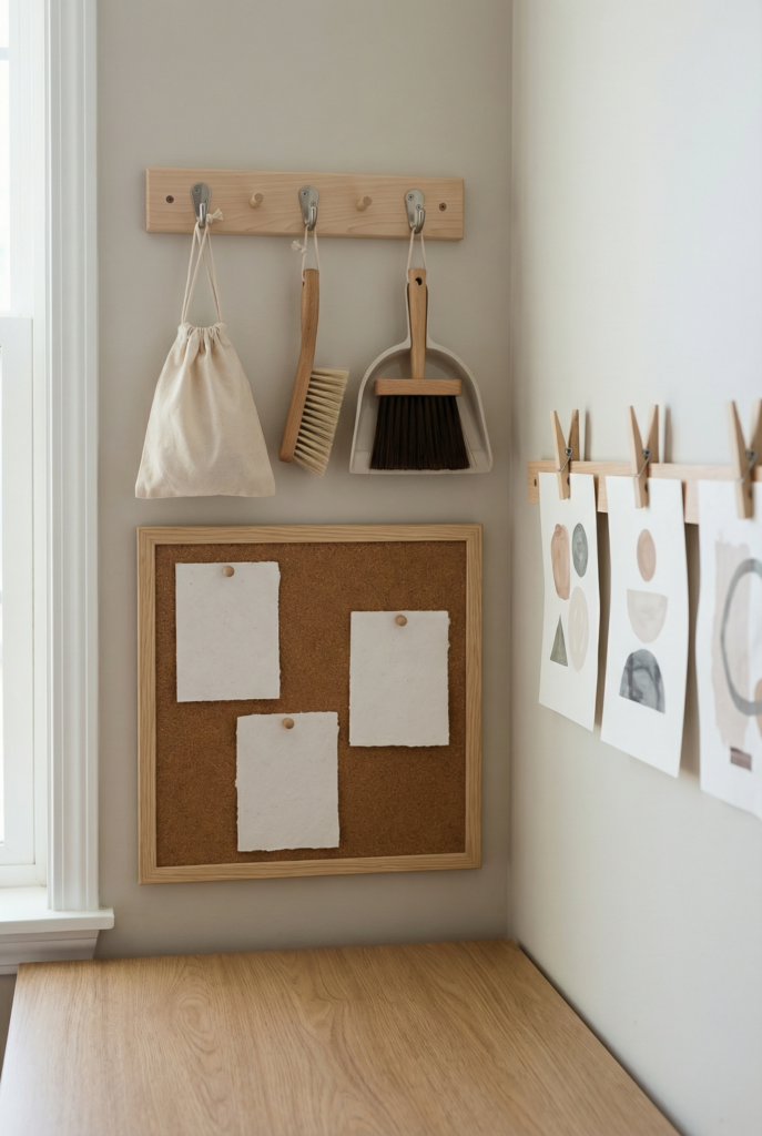 Vertical organizers above a desk to keep kids room decor ideas tidy