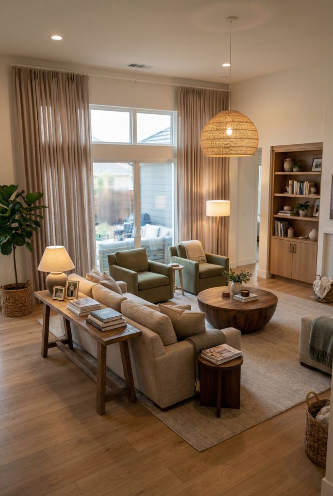 Cozy living room with oversized lighting, floor-to-ceiling curtains, built-in shelves, natural light, and a large houseplant for warmth in a big space.