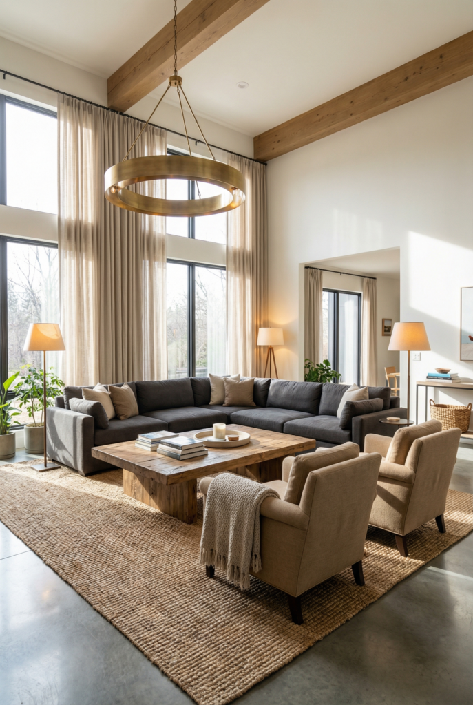 Large living room decorating ideas featuring vaulted ceilings, decorative ceiling beams, oversized rug, symmetrical design, and layered textures for warmth.