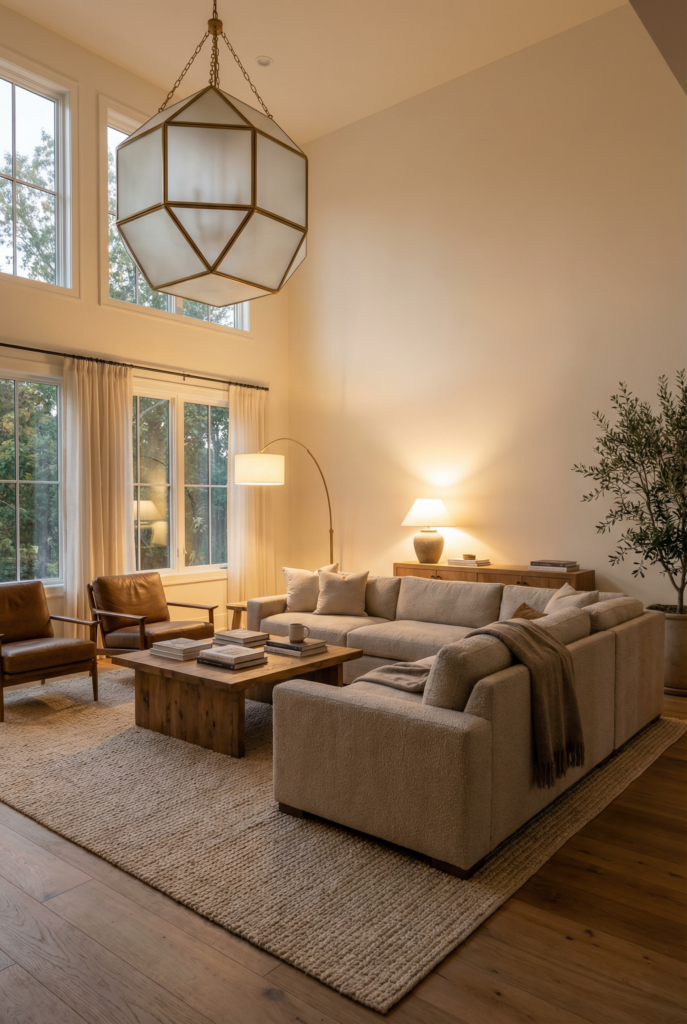 Oversized lighting and layered lamps in a cozy living room with a large sectional sofa, big area rug, and warm glow for a bright living room at night.